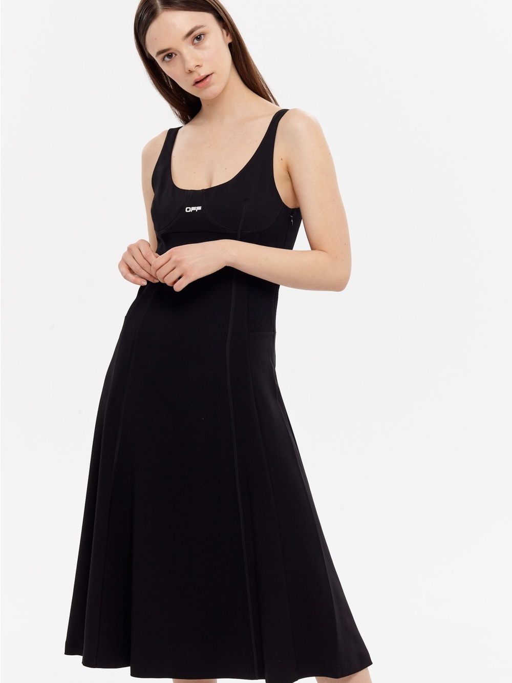 NWOT Off-White round neck elastic detail long logo dress black 44 IT L